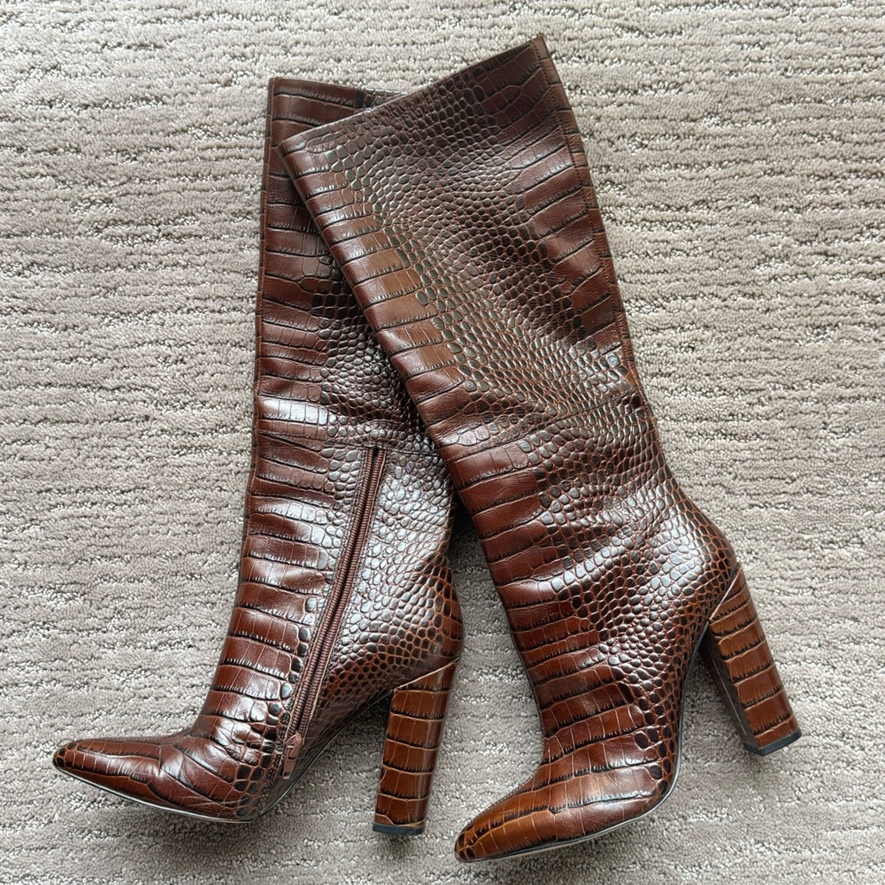 Aldo knee high boots genuine leather brown, croc effect, size 7.5